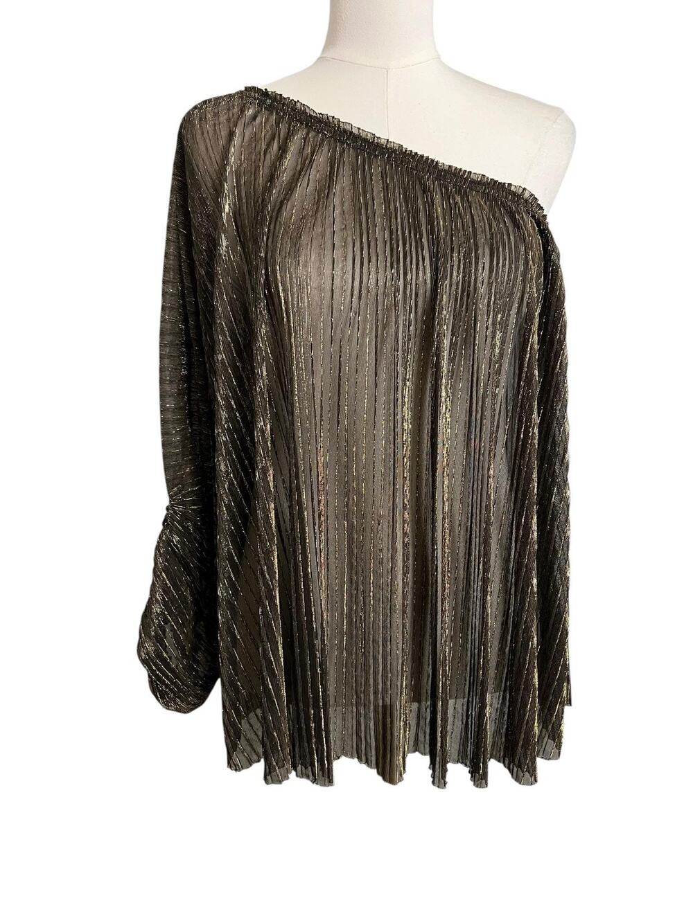MM Couture By Miss Me One Shoulder Blouse XL XXL Gold Metallic Pleated Sheer
